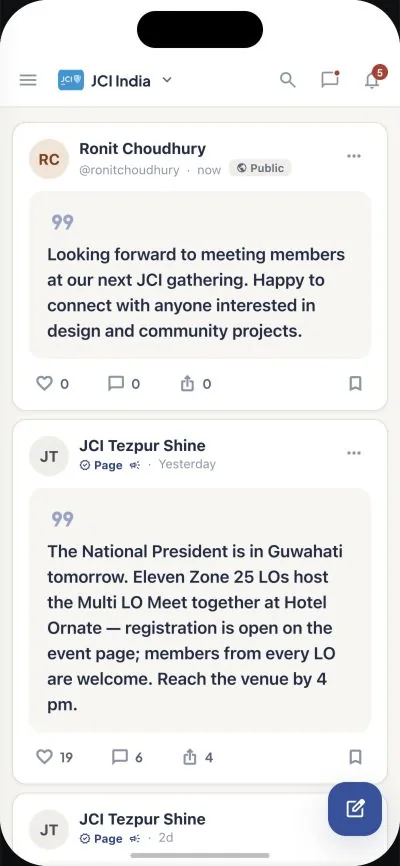 Published personal update at the top of the JCI Feed.
