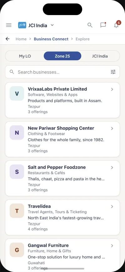 Business Connect directory with scope tabs and a business search.
