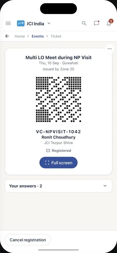 Example registered event ticket with a QR code and registration details.
