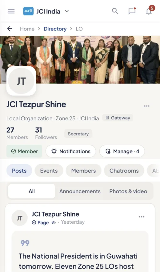 JCI Tezpur Shine page with membership, posts, events and chatrooms.
